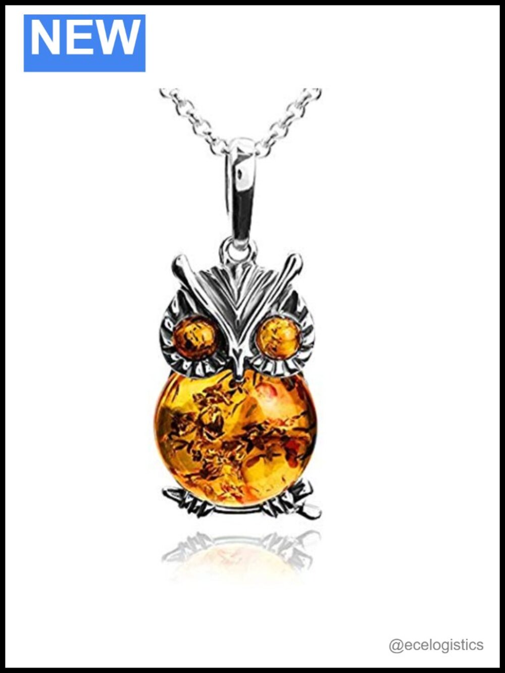 Sterling Silver 925 Amber Owl Pendant Necklace 18"